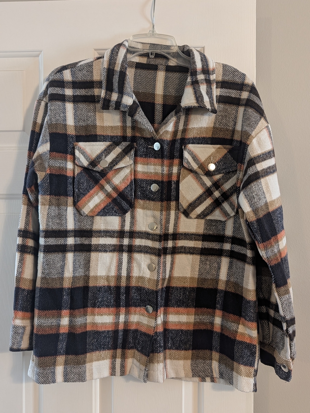 Plaid Utility Shacket Jacket in Navy, Cream & Brown